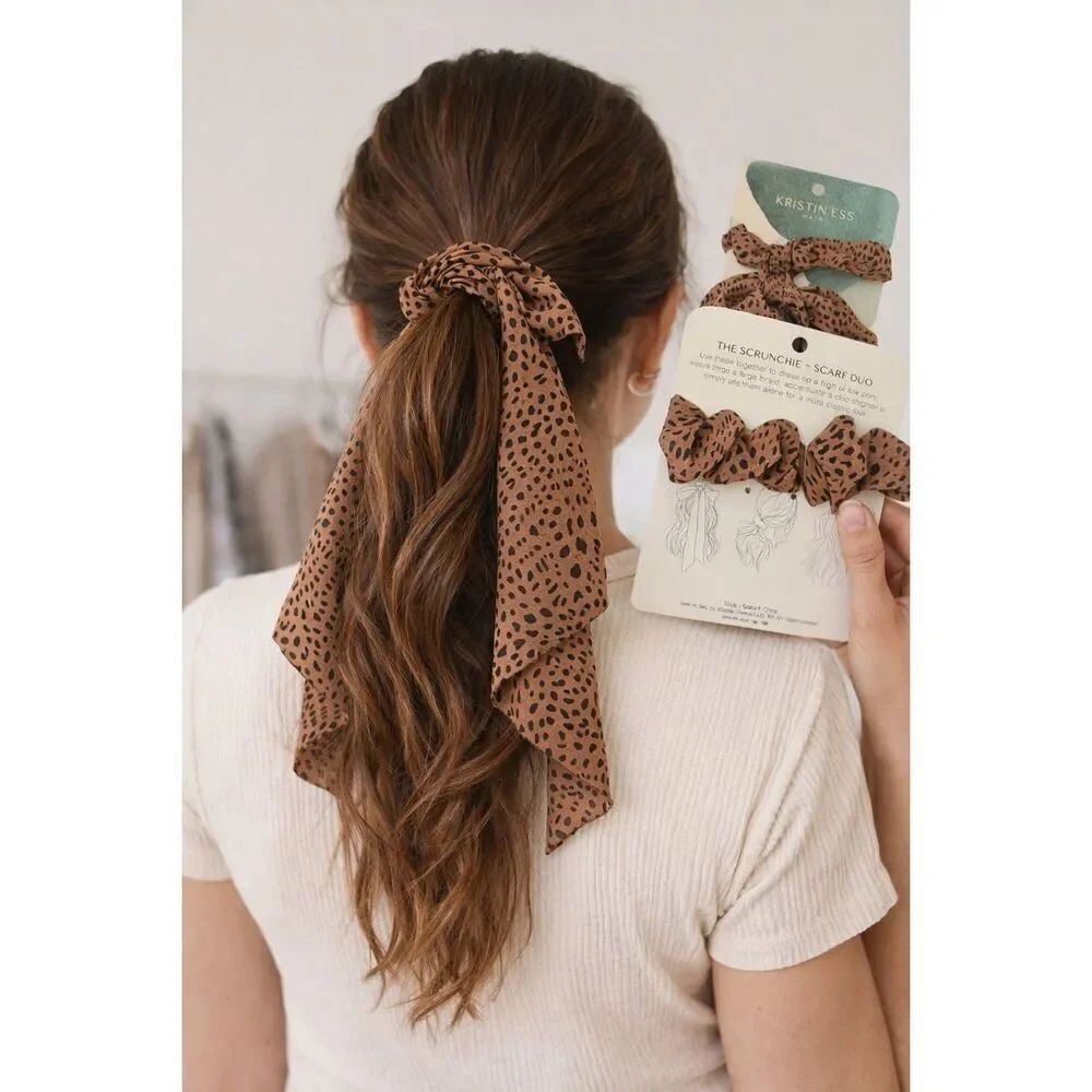 Kristin Ess Hair Cheetah Print Scrunchie Scarf Duo Hair Tie Ponytail Bow NWT